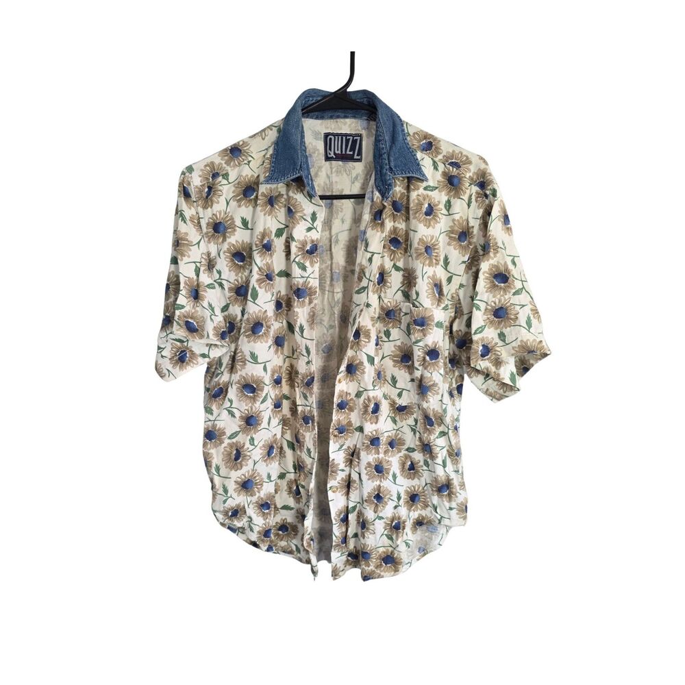 VTG 90s Quizz New York Sunflower Print Denim Collar Shirt Medium Cotton
